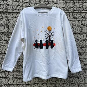 Vintage Spooky Halloween Cats Full Moon Pumpkins Long Sleeve Crewneck Sweatshirt